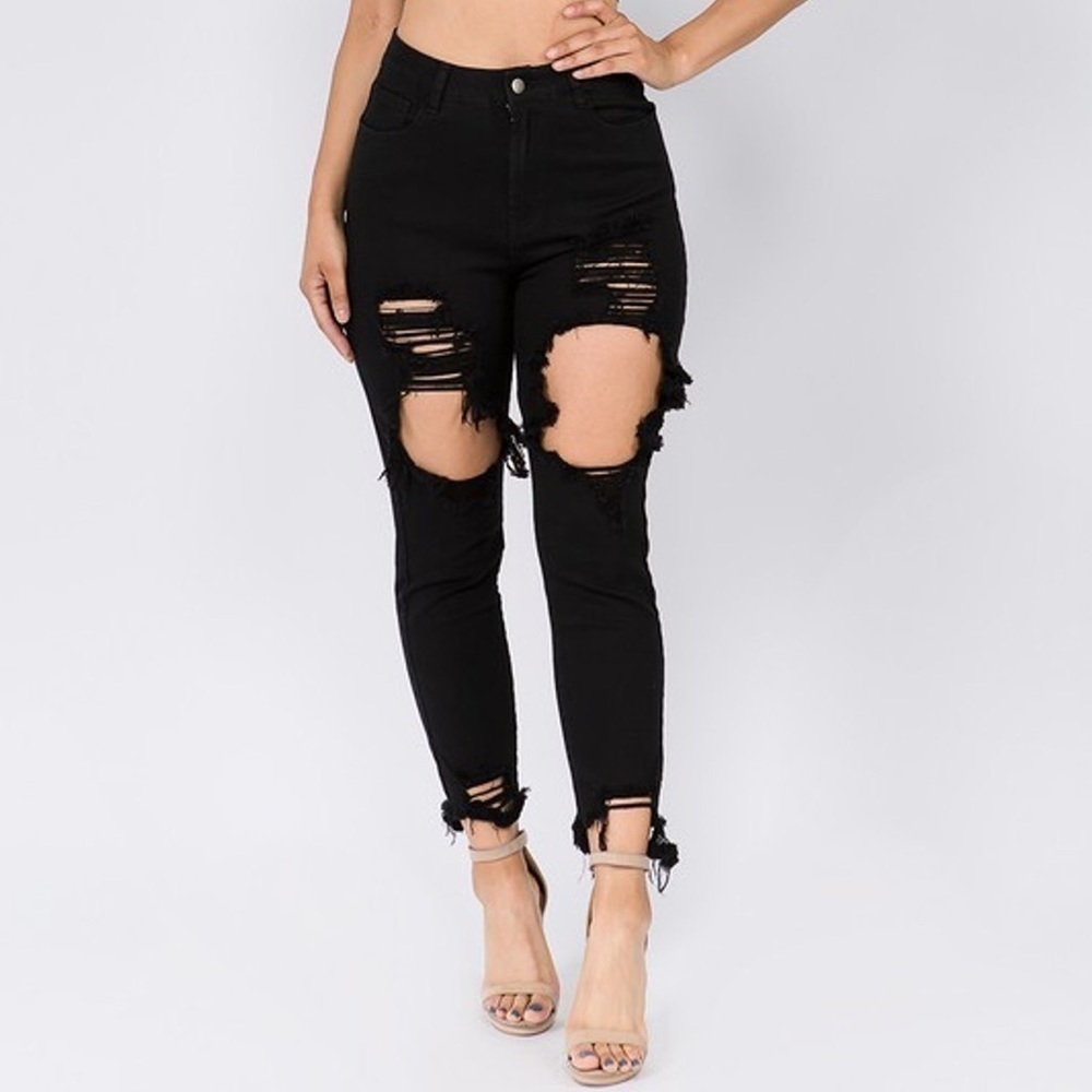 BLACK high waist cut out thigh skinny jeans